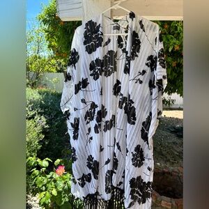 Black and white floral shawl w/ fringe festival season bohemian chic shabby chic